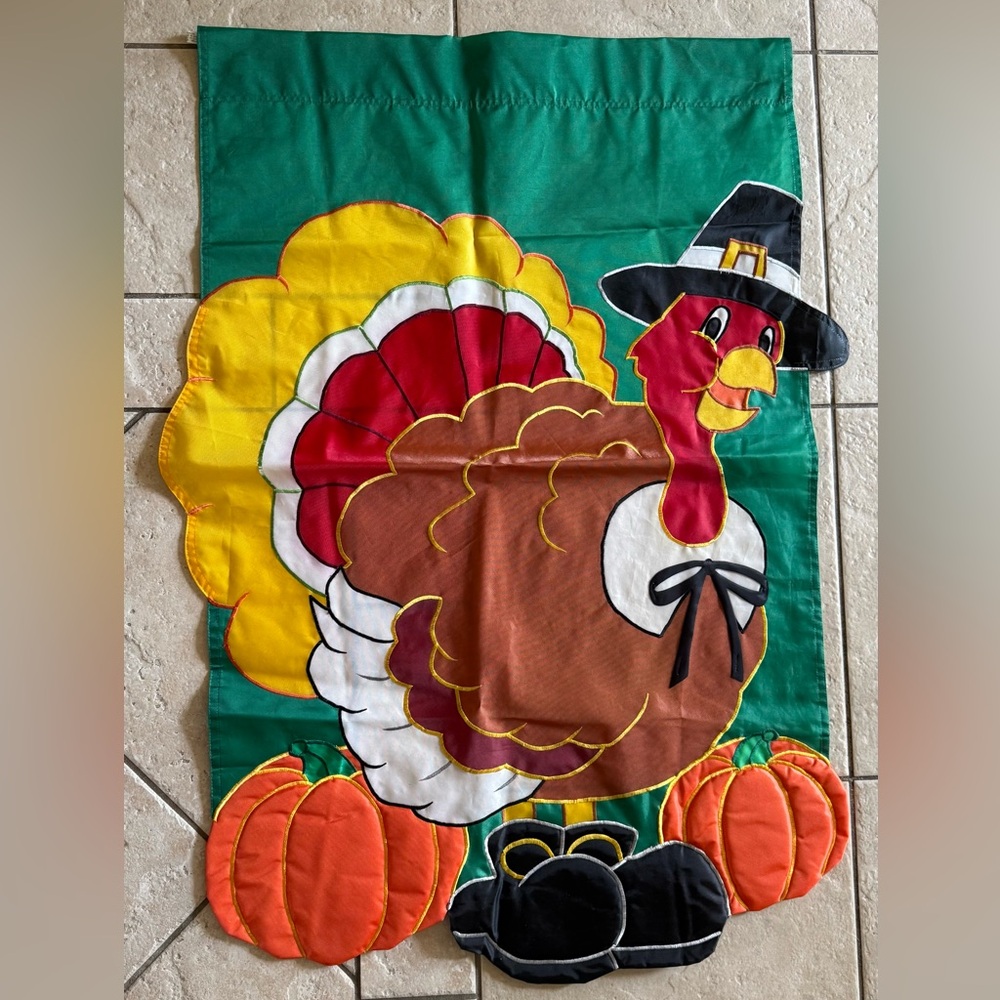 Vintage Thanksgiving Pilgrim Turkey Applique Garden Flag - Large